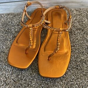 Pristine SCHUTZ Groove Metallic T-Strap Sandal Orange with Crystals 7.5